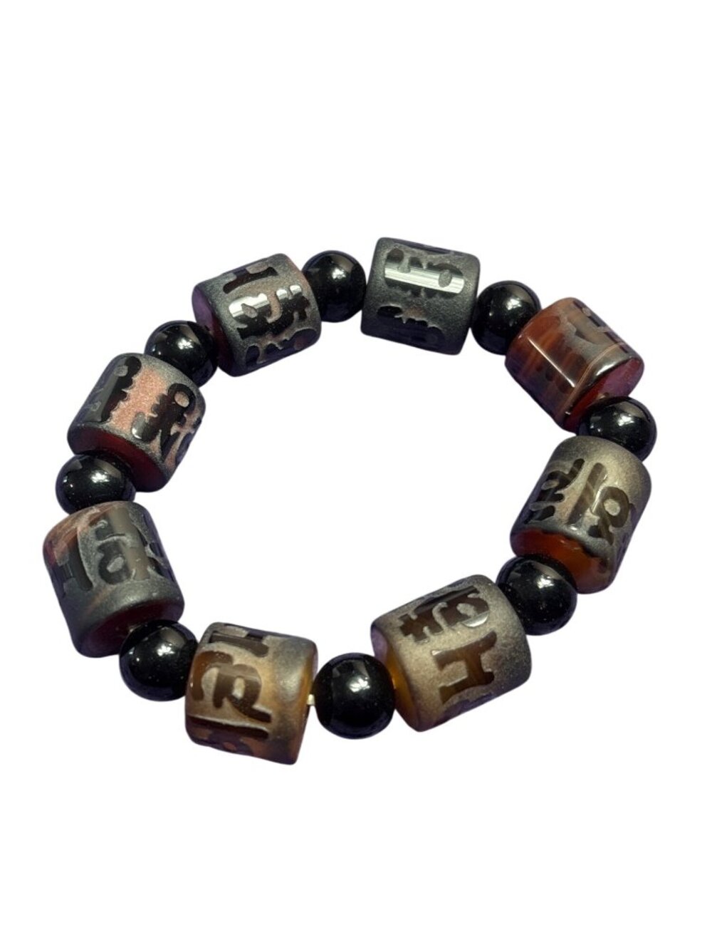 Dzi Agate and Obsidian Beaded Stretchy Bracelet 6.25 inches Unstretched